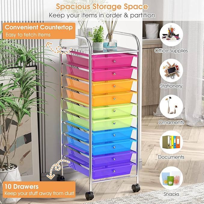 GLACER 10 Drawers Rolling Cart, Storage Cart with w/Removable Drawers & Steel Frame, Utility Mobile Trolley w/Universal Casters & 2 Brakes, Organizer Cart for Home, School, Office (Rainbow)