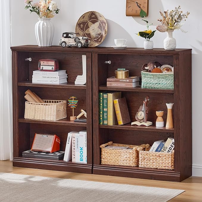 RWYHG 43" Walnut Tall Bookshelf Set of 4,3-Tier Thick Wooden Book Shelf with Adjustable Shelves,Free Standing Farmhouse Bookcase with Open Display Storage,Floor Vintage Bookshelves for Living Room