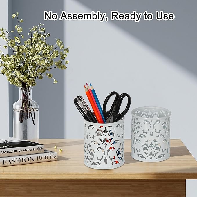 EasyPAG White Pen Holder for Desk, 2 Pack Round Pen Organizer, Brush Holder for Vanity, Metal Pencil Cup Organizer for Home, Office, Classroom, School