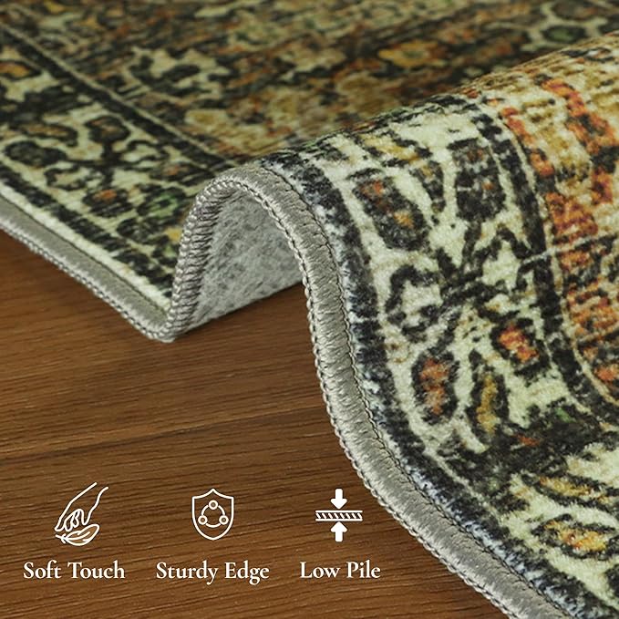 GENIMO 3x5 Area Rugs for Living Room, Machine Washable Non Slip Vintage Rugs, Low Pile Lightweight Chenille Print Rug for Bedroom, Dining Room, Home Office, Bronze Olive