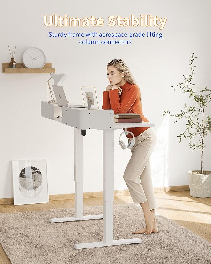 YIHAYO Electric Standing Desk with Drawers, 55 x 24 Inches Adjustable Desk with Storage Shelf, Stand Up Desk with Splice Board, Computer Table for Home Office,White Frame/White Top