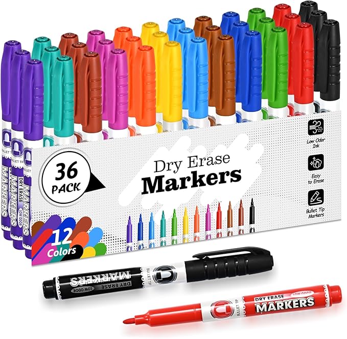 SUQJOY Dry Erase Markers, Fine Tip Whiteboard Marker, Low Odor Dry Markers with Pen Clip, Fine Point Maker, 36 pack 12 Assorted Colors Markers for Students/Teachers