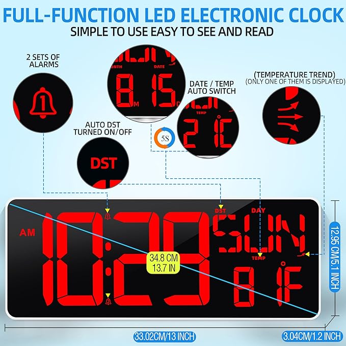 KMMKGG 13.7”Digital Timer Large LED Screen displays（5'' Number）,The Date time, Remote Control, Turn on/Off 10 Seconds Countdown Voice Notification, for Chefs,Students, Children, Seniors