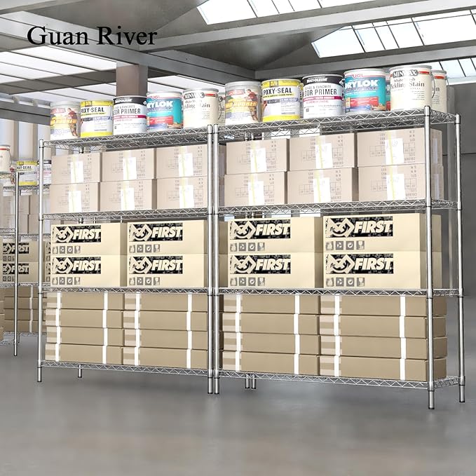 Guan River 4-Shelf Adjustable Metal Shelf Wire Shelving Unit Heavy Duty Storage Rack Shelf for Office,Kitchen,Bedroom,Bathroom,Laundry,Pantry Basement,Garage(Chrome,48" L x 18" W x 62" H)