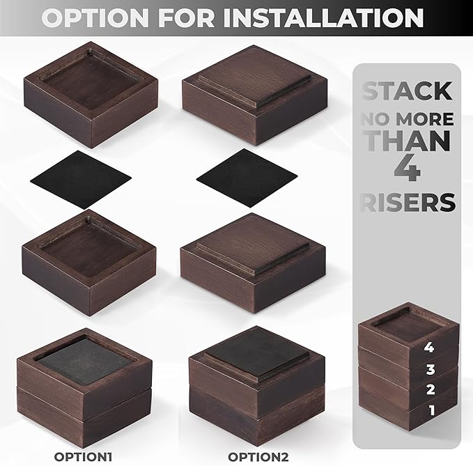 Bed Risers, Furniture Risers (Set of 8-Height 1") Can be Adjusted to 2'' 3''or 4'', Lifts Furniture Risers, Solid Natural Wood Risers, Non-Slip Recessed Hole (Square-Walnut Color)