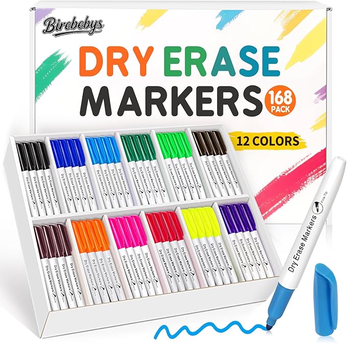 Birebebys 168 Count Bulk Dry Erase Markers, Fine Tip Whiteboard Markers, Back to School & Classroom Supplies for Kids Teachers, Bulk Set for Home Use