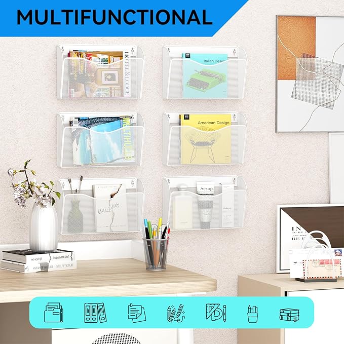 GDINDINFAN Single Pocket Wall File Holder, Mesh Hanging File Folder Paper Organizer, Vertical Wall Mounted Mail Basket, Storage Organization Magazine Rack for Office, Home and School, White
