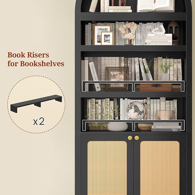 81" Tall Arched Cabinets,Bookcase with storage,Mid-Century Modern 6-Tier Bookshelf with Door,2 Book Risers and Adjustable Shelves offering more storage space for Living Room,Home Office,Black+Oak