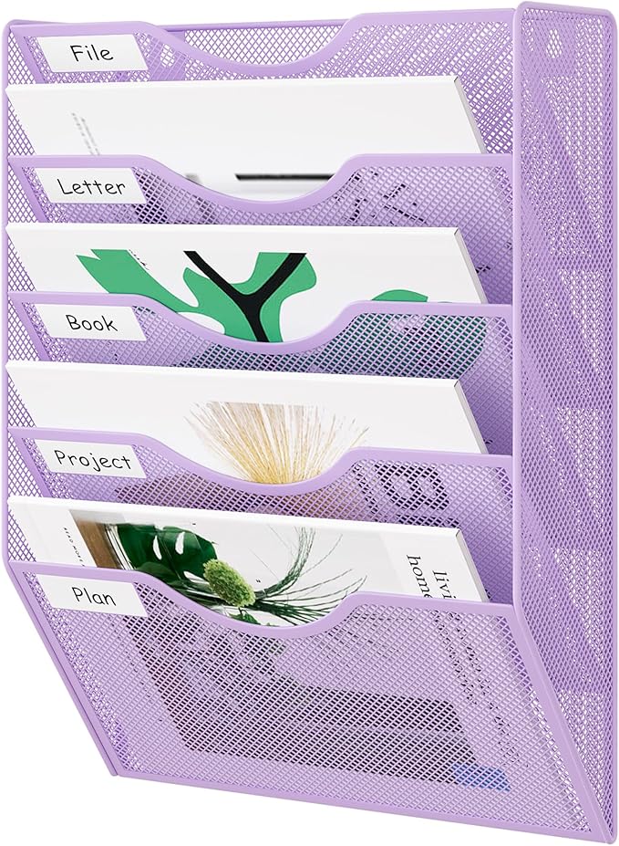 EasyPAG 5 Pocket Mesh Wall File Organizer, Hanging Paper Folder Holder with Classify Label, Vertical Wall Mount Mail Organizer for Office Home Classroom, Purple