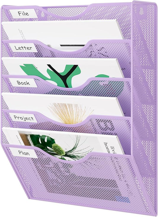 EasyPAG 5 Pocket Mesh Wall File Organizer, Hanging Paper Folder Holder with Classify Label, Vertical Wall Mount Mail Organizer for Office Home Classroom, Purple