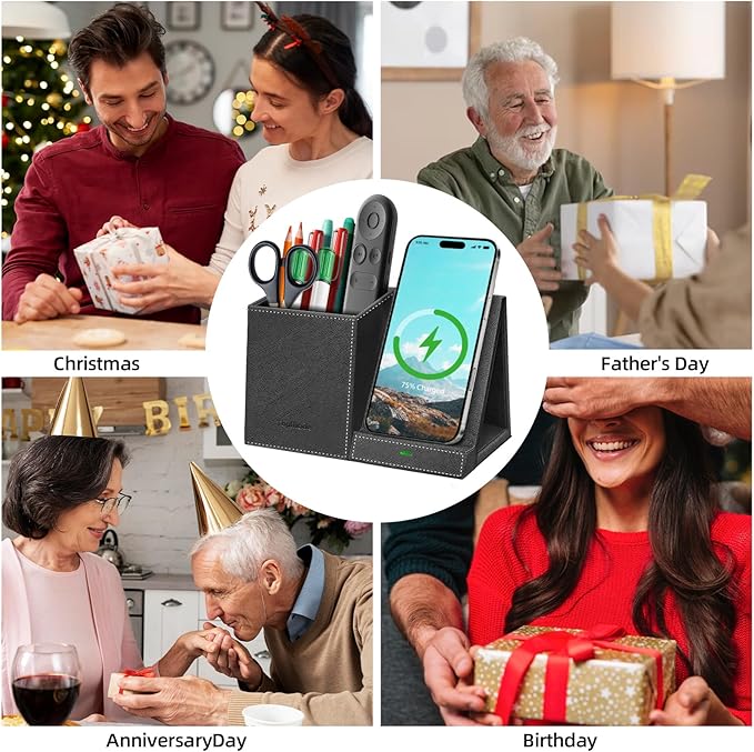 TopMade Wireless Charger with Pen Pencil Holder, Leather Mltifunctional Desk Nightstand Organizer, Fast Charging Station Remote Control Holder, Office Supplies Desk Accessories, Gifts for Men(Black)