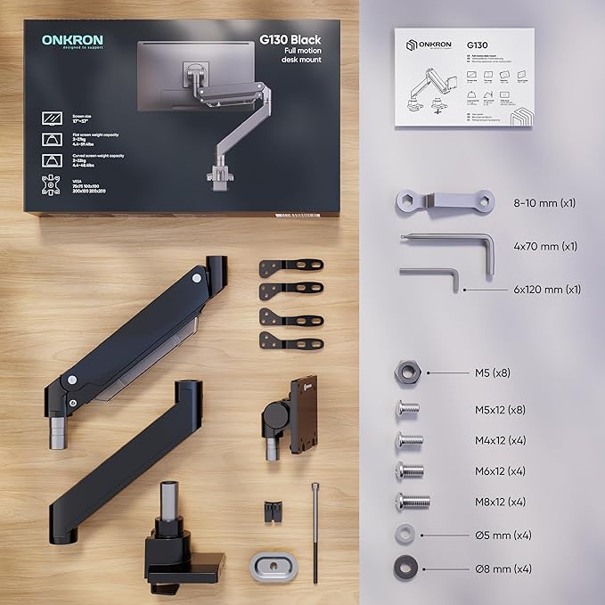 ONKRON Heavy Duty Monitor Arm for 17-57 Inch Screens up to 59.4 lbs, Ultrawide Screen Mount with Adjustable Gas Spring, VESA 75x75-200x200, Single Arm Monitor Mount for Desk, Clamp & Grommet Black