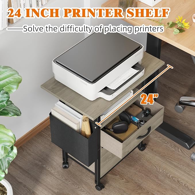 GYIIYUO 2 Drawer File Cabinet with 24'' Extended Desktop, Mobile Filing Cabinet, Rolling File Cabinet with Side Bag, Fabric Drawer, Fits A4/Letter Size, Printer Stand Home Office, Oak Grey