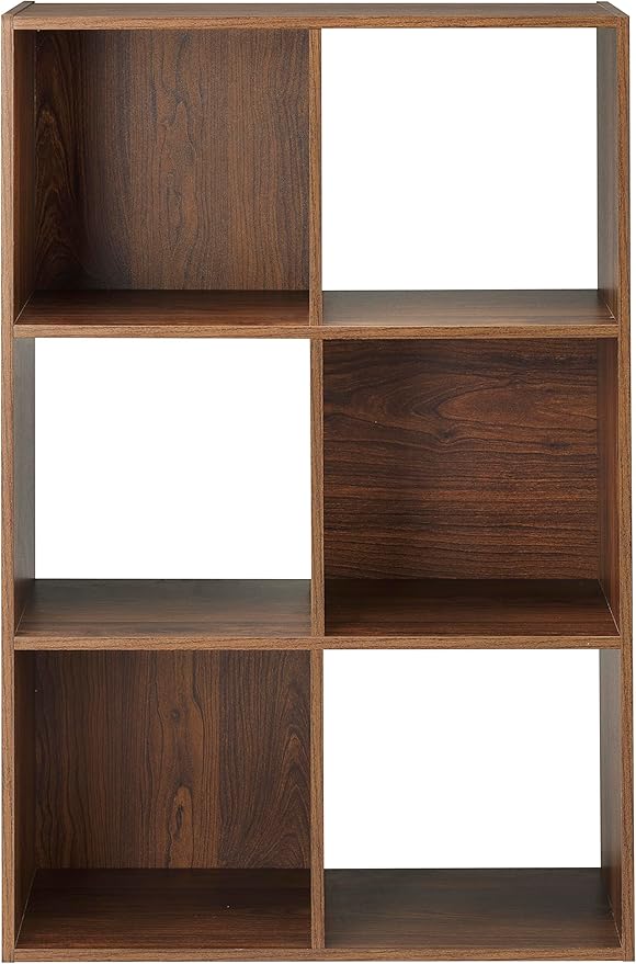 Whitmor 6 Cube Bookcase Storage Organizer, 3 Tier Stackable MDF Bookshelf, Open Storage Display Shelf, Storage Cabinet for Living Room, Bedroom, Home, Office, 23.9" L x 11.7" W x 35.5" H, Walnut