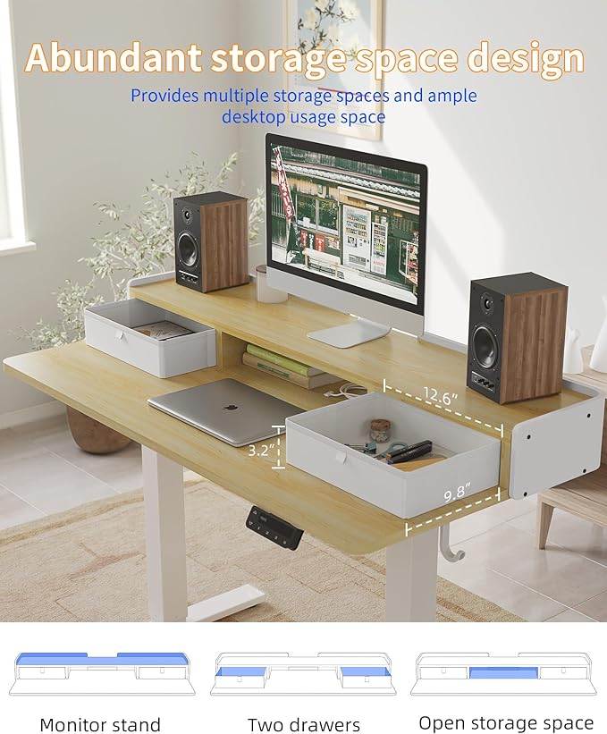YIHAYO Electric Standing Desk with Drawers, 55 x 24 Inches Adjustable Desk with Storage Shelf, Stand Up Desk with Splice Board, Computer Table for Home Office, White Frame/Natural Top