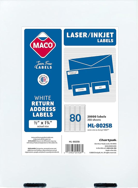 Printable Labels for Mailing - Laser/Ink Jet Compatible Shipping Address Return Labels, 80 per Sheet, 1/2 x 1-3/4", Box of 250 Pages/20000 Labels, White