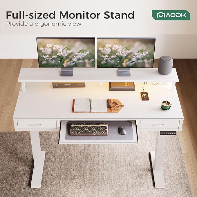 AODK Electric Standing Desk with Drawers & Keyboard Tray, 55 Inch Height Adjustable Gaming Desk with Power Outlets & LED Lights, Sit Stand Table with Monitor Stand for Home, Office, White