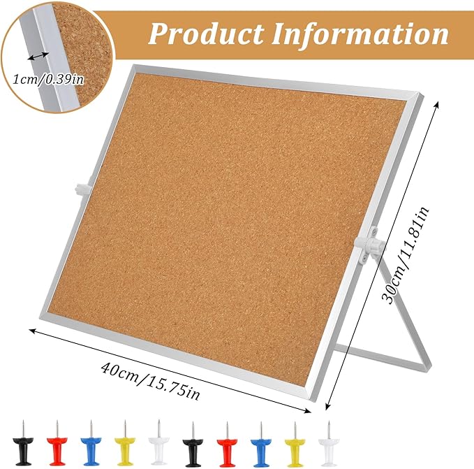 1 Pcs 11.81"×15.74" Cork Bulletin Board, Double Sided Pin with Silver Aluminum Border, Small Desktop Cork Board with Stand for Home, Office, School, Desk Message or Picture