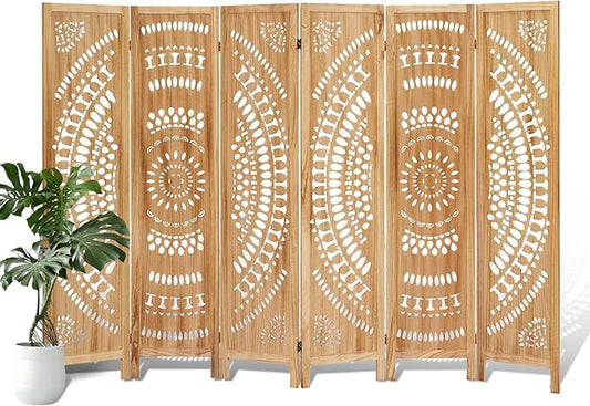 ALeesing 6 Panel Wood Room Divider Fully Assembled, Decorative Room Dividers and Folding Screens, 5.6Ft Room Divider Screen Freestanding Partition Wall Dividers for Home Bedroom Office, Light Brown