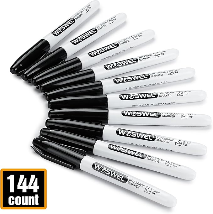 WOSWEL Dry Erase Markers Bulk, 144 Pack Black Chisel Tip Whiteboard Markers, Low Odor Dry Erase Markers for School Office Home