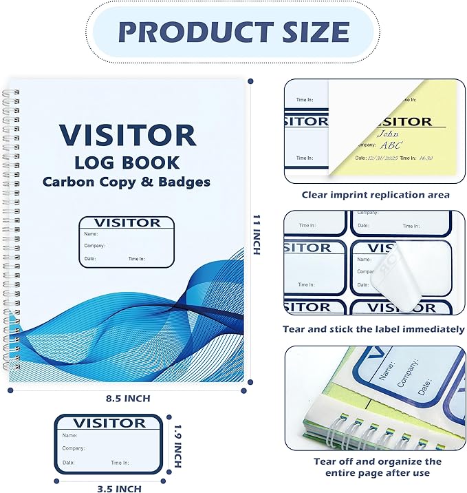 3 Pack Visitor Badges with Carbon Copy Visitor Stickers Letter Size Visitor Log Book Protecting Privacy Pages for School Church Business Visitor Pass Stickers 450 Visitor Badges 90 Memo Pages (3)
