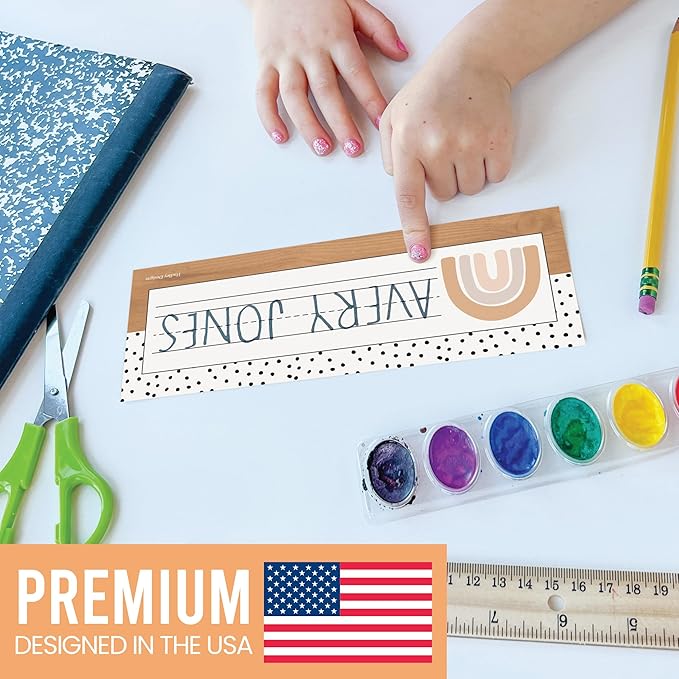 Desk Name Tags for Classroom -25 Student Name Plates for Classroom Kindergarten, Preschool, 1st, 2nd & 3rd Grade, 9x3 Teacher Nameplates for Student Desks & Cubbies, Boho Nametags