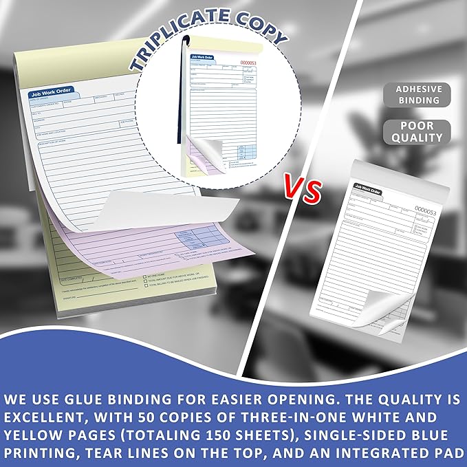 150 Sets Job Work Order Form Book 3 Part Carbonless Work Order Invoice Book 5.5 x 8.3 inch Job Order Forms with Numbers and Tear Off Top with Hard Backing for Business Service (3)