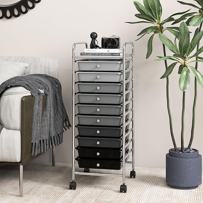 GLACER 10 Drawers Rolling Cart, Storage Cart with w/Removable Drawers & Steel Frame, Utility Mobile Trolley w/Universal Casters & 2 Brakes, Organizer Cart for Home, School, Office (Gradient Grey)