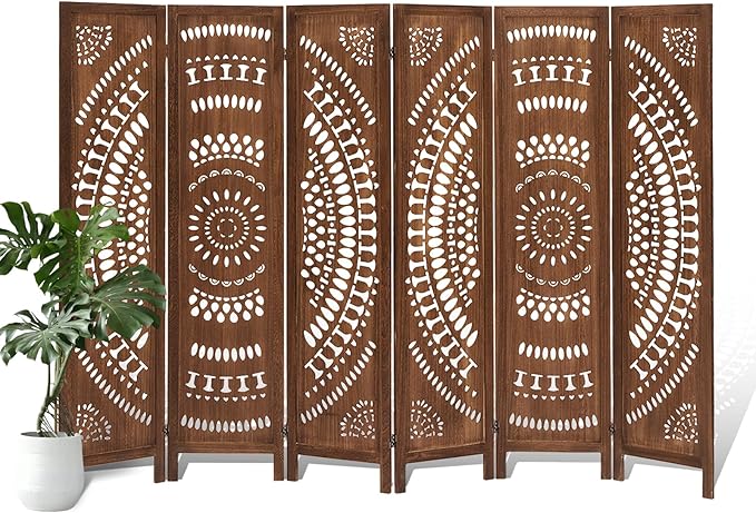 ALeesing 6 Panel Wood Room Divider Fully Assembled, Decorative Room Dividers and Folding Screens, 5.6Ft Room Divider Screen Freestanding Partition Wall Dividers for Home Bedroom Office, Dark Brown