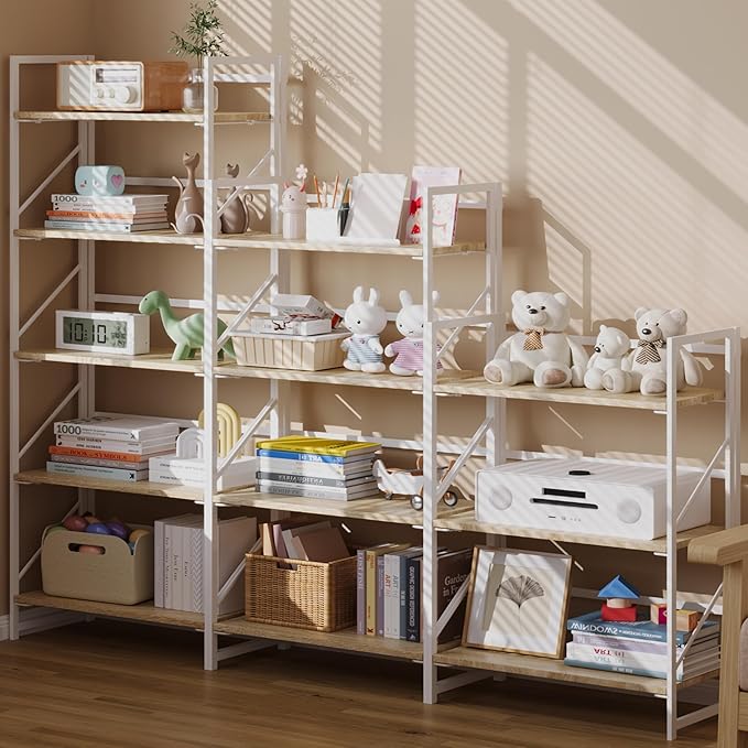 JSB No Assembly Folding Bookshelf, 3 Tier Industrial Metal Book Shelf for Storage, Vintage Wood Foldable Bookcase for Living Room, Bedroom, Office Organization Shelves