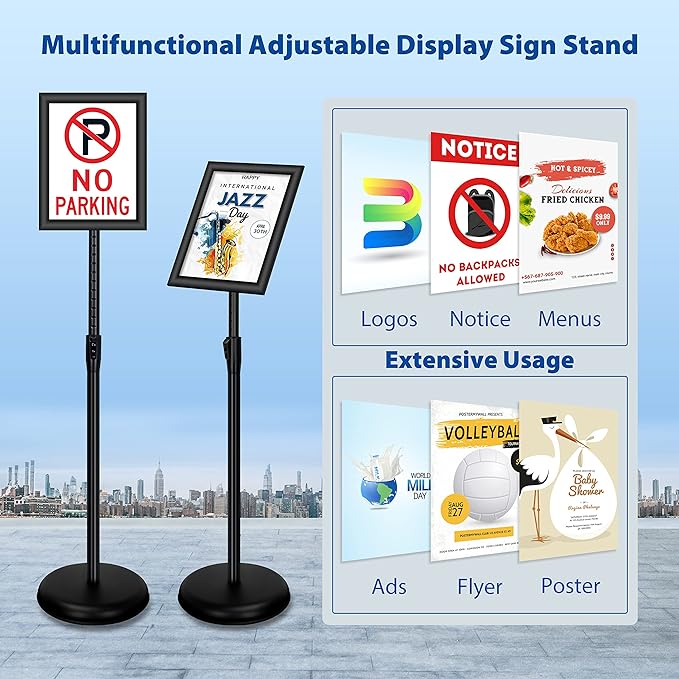 VAIIGO 6Packs 8.5x11 Inch Adjustable Pedestal Poster Sign Stand, Heavy Duty Floor Standing Sign Holder Stand Aluminum Snap Open Frame for Vertical and Horizontal View Sign Displayed(Black)
