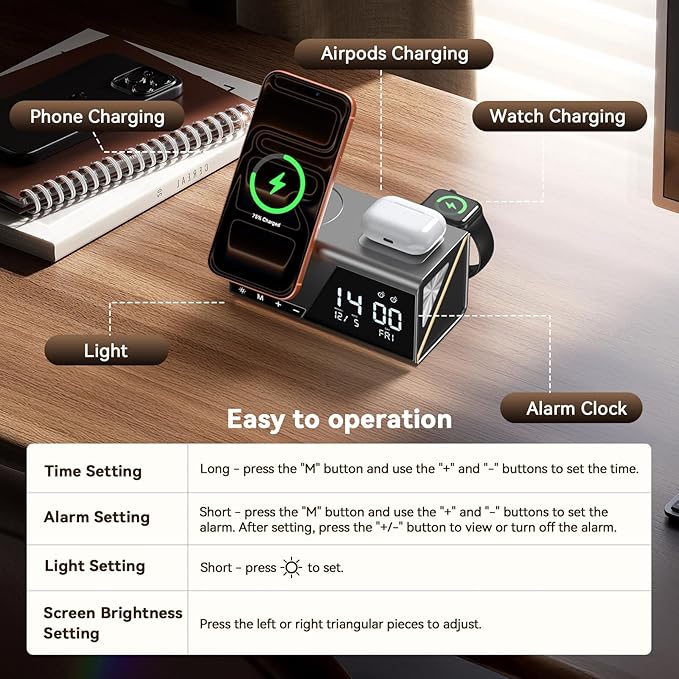 4URPC 6-in-1 Alarm Clock Wireless Charging Station for Apple Multiple Devices,MagSafe Charging Dock for iPhone 17/16/15/14/13 Series, Apple Watch, AirPods,Wireless Charger with Night Light/Alarm Clock