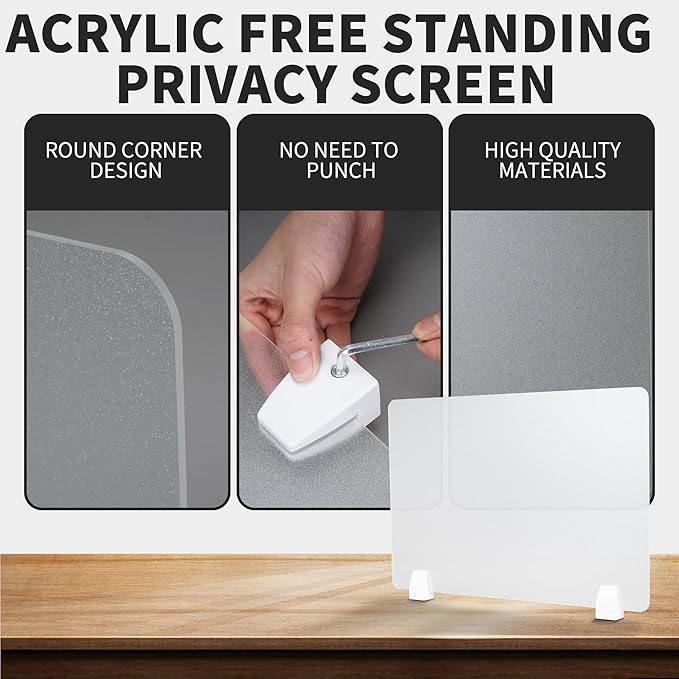 GOOFCXO 4 Pcs Desk Divider Privacy Panel 23.6 x 15.8 Inch Counter Desk Acrylic Panel Holder Free Standing Privacy Shield Work Station Desk Divider Partition for Offices Schools Call Centers (Frosting)