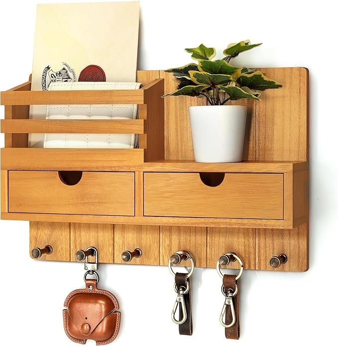 Rebee Vision Modern Farmhouse Key Holder Wall Mount with 2 Drawer Organizer - Mail Holder for Wall with 6 Key Hooks - Ideal for Entryway, Kitchen, and Living Room Decor (Light Brown)