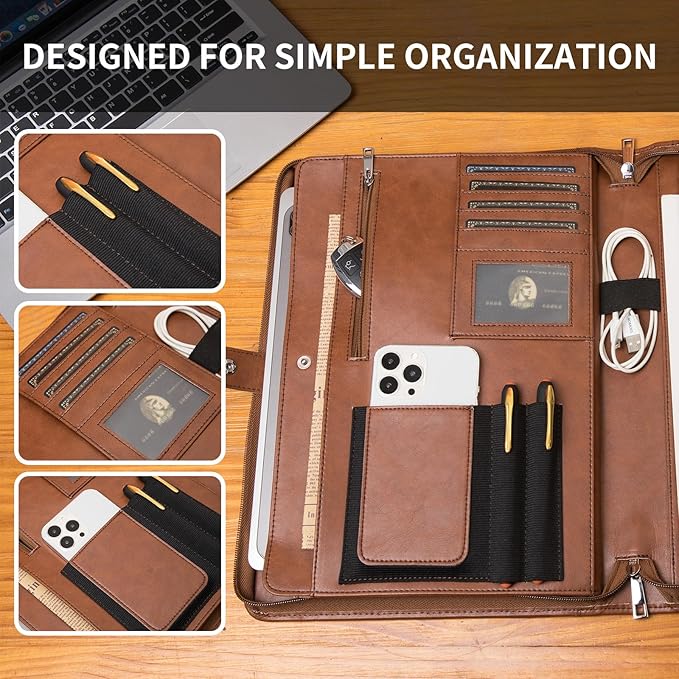 Geslun Personalized Vegan Leather Portfolio, Legal Size 8.5 x 14 Pad Holder, Custom Business Padfolio for Men Women, Zippered 14" Laptop Organizer, Professional Notepad Folio, Brown