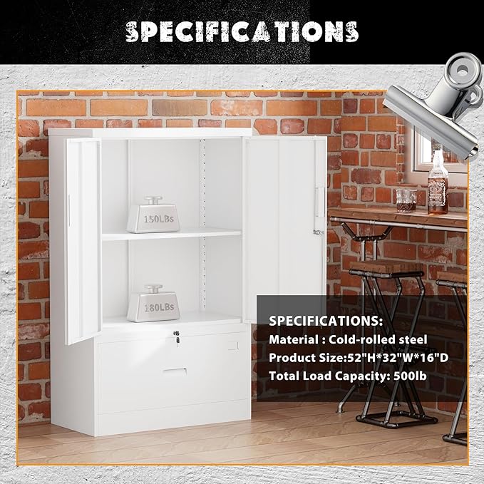 INTERGREAT Metal Filing Drawer Cabinet, Metal File Cabinet with Lockable Doors and Adjustable Shelves, Lateral Storage Cabinets for Garage, Home Office, Kitchen (White)