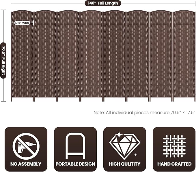 Cocosica 8 Panel Room Divider,6Ft Folding Privacy Screen,Tall - Extra Wide Foldable Panel Partition Wall Divider with Diamond Double-Weaved Hand-Woven Design Room Screen Divider