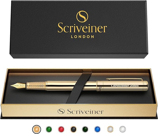 Scriveiner Personalized Gold Fountain Pen - Stunning Luxury Pen, Real Gold Plating, Schmidt Ink Refill, Best Engraved Fountain Pen Gift Set for Men & Women, Custom Name Engraving