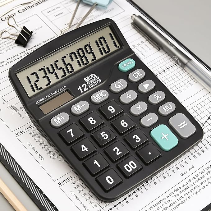 M&G Desk Calculator 12 Digit Office Calculators with Large LCD Display, Dual Solar Power and Battery, Recessed Big Button Calculator for Office Home (Black)