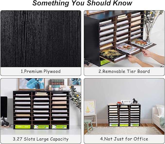 TQVAI Wood Literature Organizer, 27 Slots Hold 13500 Sheets A4 Papers, Wooden Desk File Paper Storage Organizer with Adjustable Shelves, Mailbox Cubbies for Office Home Classroom, Black/Archaize