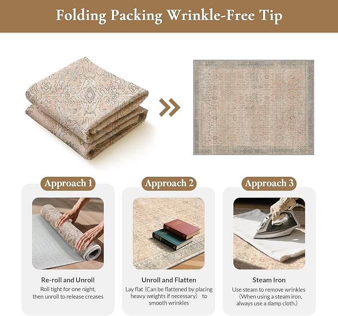 GENIMO 9x12 Area Rugs for Living Room, Machine Washable Non Slip Vintage Rugs, Low Pile Lightweight Chenille Print Rug for Bedroom, Dining Room, Home Office, Oatmeal Beige
