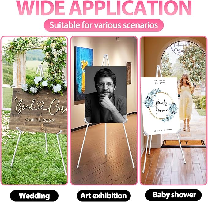VAIIGO 63" White Easel Stand for Wedding Sign Poster Display Easel Folding Art Easel for Floor Adjustable Metal Easel Instant Tripod Easel for Display Painting Wedding Shower Sign Easel, 1Pack