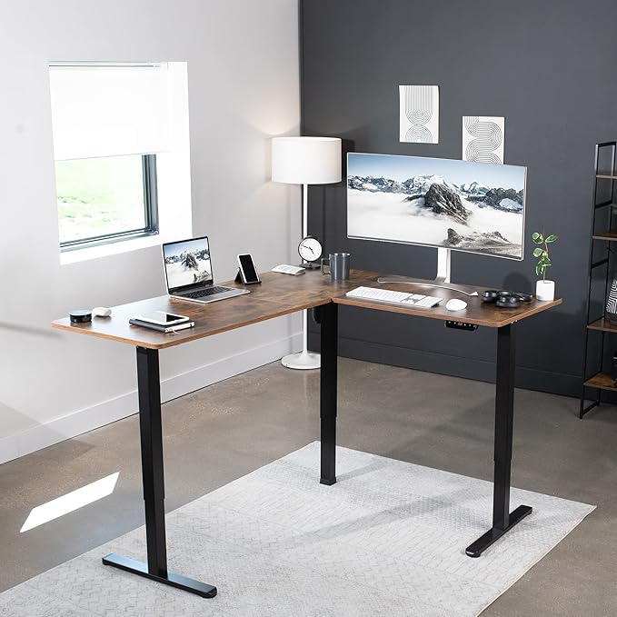 VIVO Electric Corner 63 x 55 inch L-Shaped Standing Desk, Memory Height Adjustment, Rustic Vintage Brown Top Black Frame, DESK-E3CTN