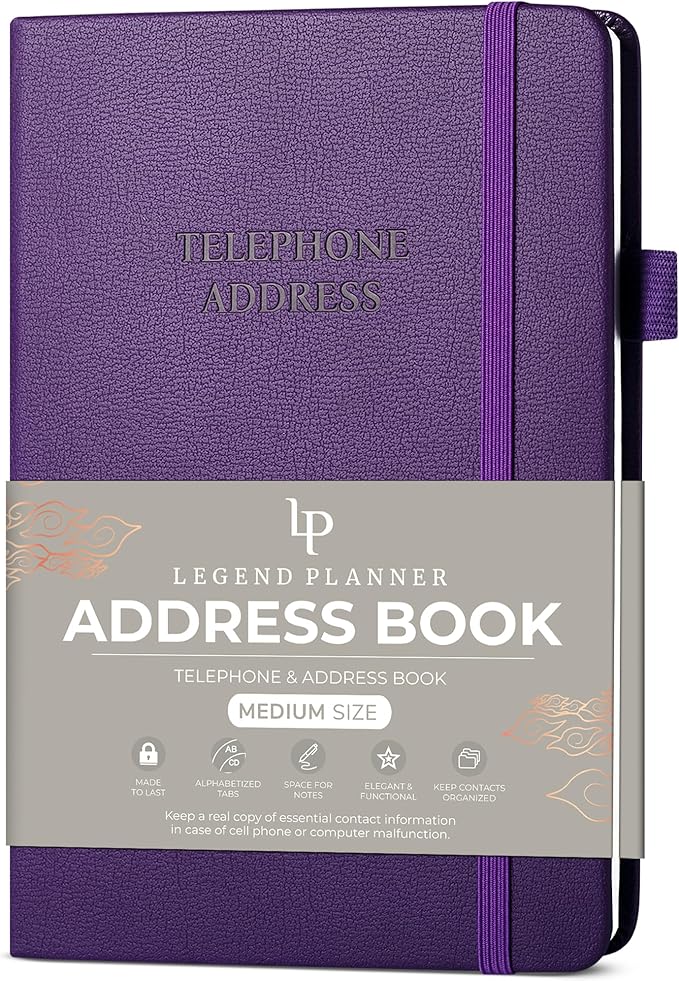 Legend Planner Address Book with Alphabetical Tabs –Telephone Contacts Book for Phone Numbers, Addresses, Passwords, Medium (Purple)