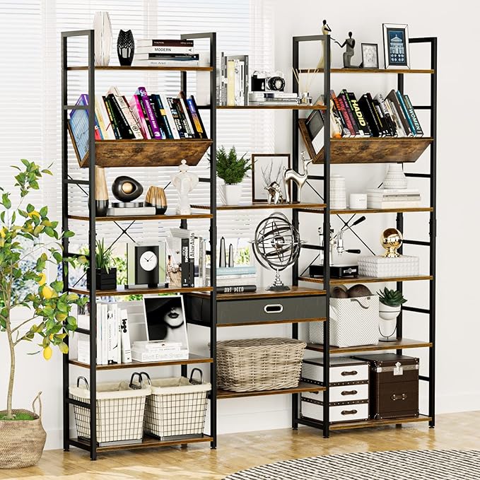 NUMENN Triple Wide 6 Tier Bookshelf, Adjustable Rustic Industrial Style Book Shelves, Modern Bookcases and Bookshelves Furniture for Bedroom, Living Room and Home Office, Vintage Brown