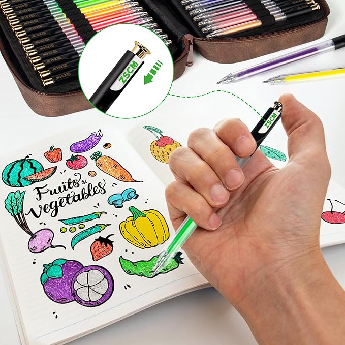 ZSCM Retractable Gel Pen For Adult Coloring, 100 Colors Large Capacity Multicolor Gel Ink Pens, 1 mm Fine Point Smooth Writing Color Pen for Adult Coloring Book Note Taking Aesthetic Art Supplies