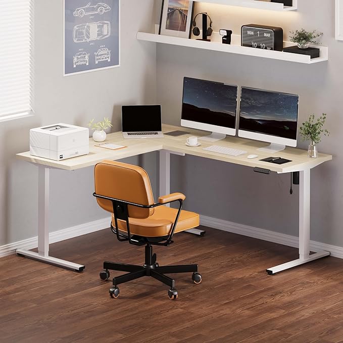 FLEXISPOT L Shaped Standing Desk, 71 x 63 Inch Electric Height Adjustable Corner Desk, Sit Stand Computer Workstation, Preset Controller, Home Office, White Frame with Maple Top