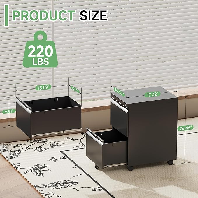 LONGLINK 2 Drawer Mobile File Cabinet with Lock,Under Desk Metal Filing Cabinets with Wheels for Home Office Organizer Letters/Legal/A4(Easy Assemble-Black)
