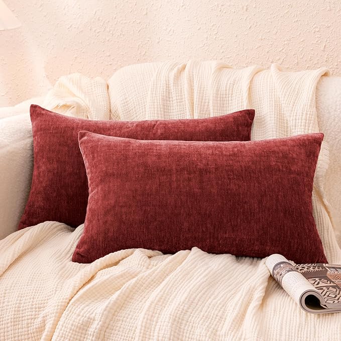 Amazon Basics Chenille Throw Pillow Covers, Home Decor Lumbar Cushion Cover for Bedroom Living Room Couch Bed, 12" W × 20" L, Burgundy