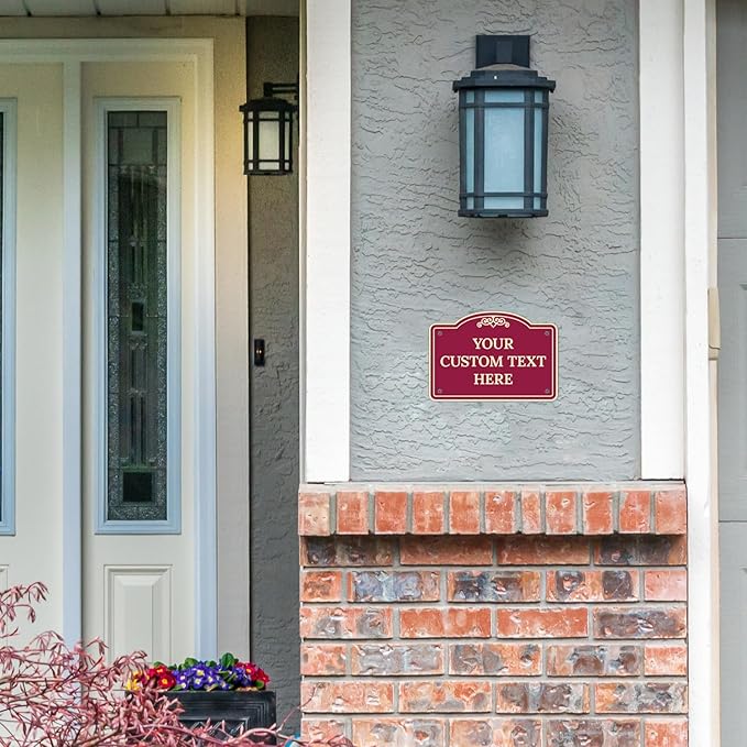 Custom Decorative Sign, Personalized Metal Sign for Driveway, Home, Airbnb, Door Plaque, Burgundy Background Sign, 7x10 Inches, ACM, Fade Resistant, Made in USA by Sigo Signs